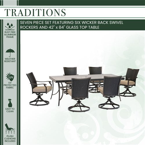 Hanover - Traditions 7pc: 6 Wicker Back Swivel Rockers, 42"x84" Glass Table - Tan/Bronze-United Backyard