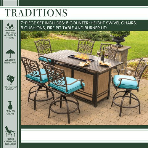 Hanover - Traditions 7pc Fire Pit High Dining: 6 Swivel Center Chairs, Fire Pit Dining Table- Blue/Bronze-United Backyard