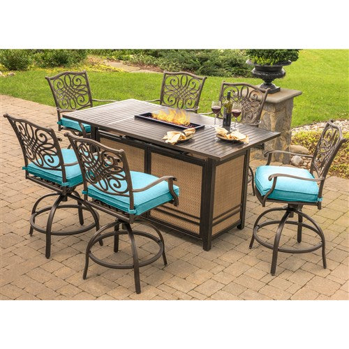 Hanover - Traditions 7pc Fire Pit High Dining: 6 Swivel Center Chairs, Fire Pit Dining Table- Blue/Bronze-United Backyard