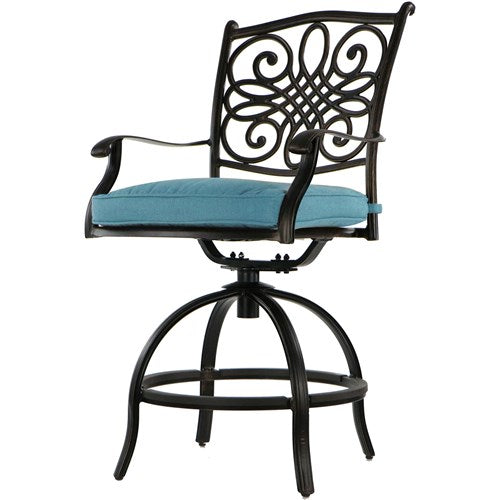 Hanover - Traditions 7pc Fire Pit High Dining: 6 Swivel Center Chairs, Fire Pit Dining Table- Blue/Bronze-United Backyard