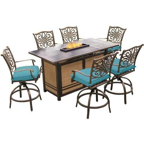 Hanover - Traditions 7pc Fire Pit High Dining: 6 Swivel Center Chairs, Fire Pit Dining Table- Blue/Bronze-United Backyard