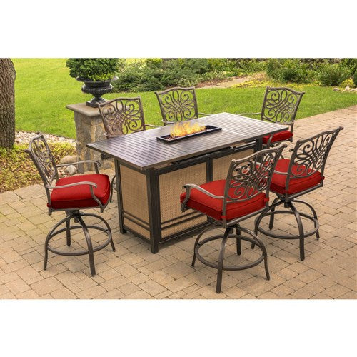 Hanover - Traditions 7pc Fire Pit High Dining: 6 Swivel Center Chairs, Fire Pit Dining Table - Red/Bronze-United Backyard