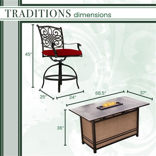 Hanover - Traditions 7pc Fire Pit High Dining: 6 Swivel Center Chairs, Fire Pit Dining Table - Red/Bronze-United Backyard