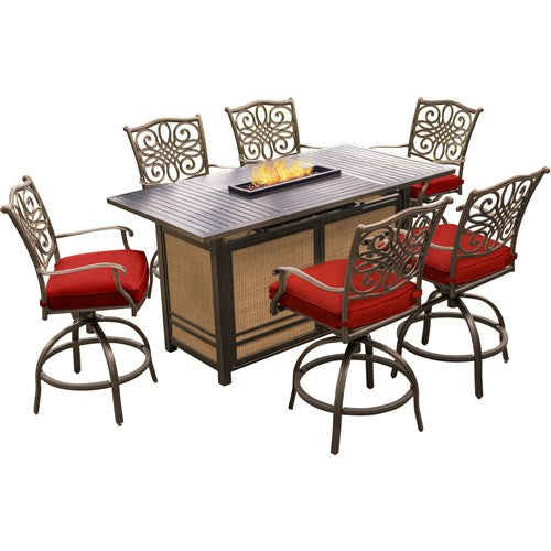 Hanover - Traditions 7pc Fire Pit High Dining: 6 Swivel Center Chairs, Fire Pit Dining Table - Red/Bronze-United Backyard