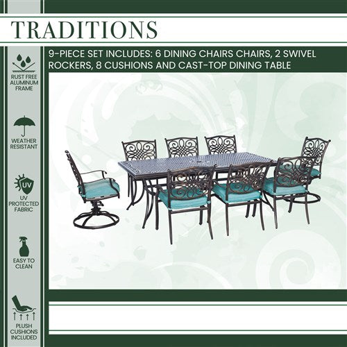 Hanover - Traditions 9pc: 6 Dining Chairs, 2 Swivel Rockers, 42x84" Cast Table - Blue/Cast-United Backyard