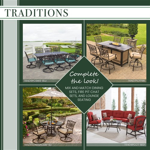 Hanover - Traditions 9pc: 6 Dining Chairs, 2 Swivel Rockers, 42x84" Cast Table - Blue/Cast-United Backyard