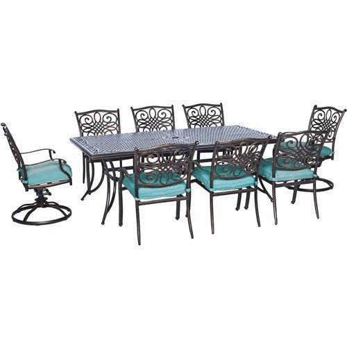 Hanover - Traditions 9pc: 6 Dining Chairs, 2 Swivel Rockers, 42x84" Cast Table - Blue/Cast-United Backyard