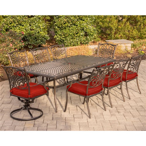Hanover - Traditions 9pc: 6 Dining Chairs, 2 Swivel Rockers, 42x84" Cast Table - Red/Cast-United Backyard