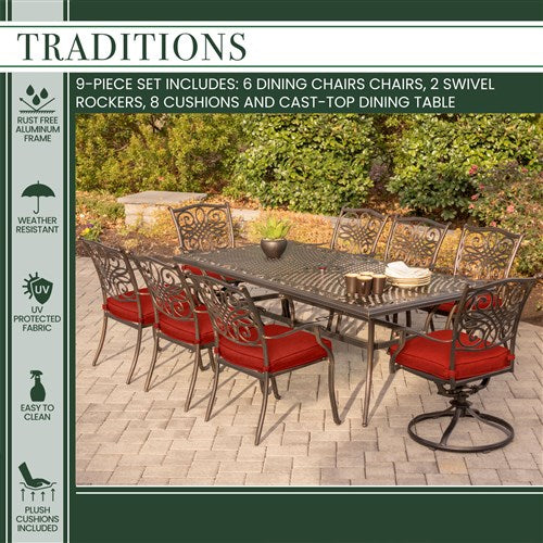 Hanover - Traditions 9pc: 6 Dining Chairs, 2 Swivel Rockers, 42x84" Cast Table - Red/Cast-United Backyard