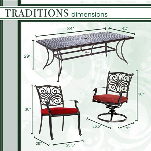 Hanover - Traditions 9pc: 6 Dining Chairs, 2 Swivel Rockers, 42x84" Cast Table - Red/Cast-United Backyard