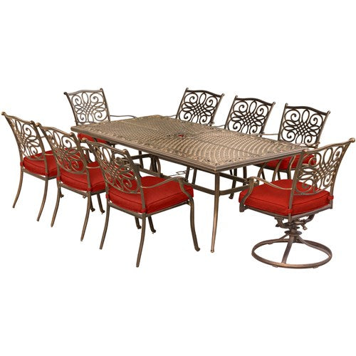 Hanover - Traditions 9pc: 6 Dining Chairs, 2 Swivel Rockers, 42x84" Cast Table - Red/Cast-United Backyard