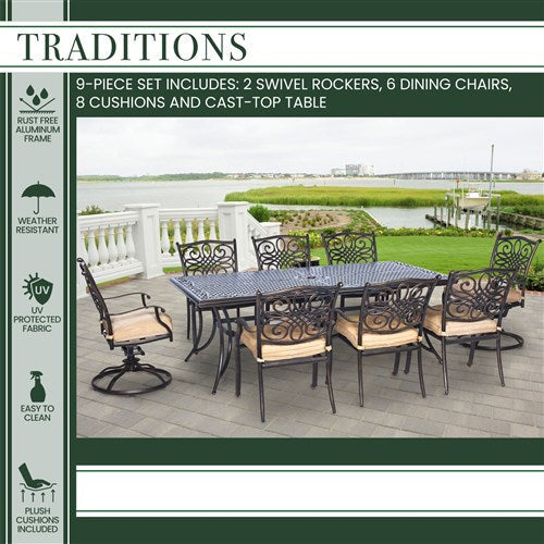 Hanover - Traditions 9pc: 6 Dining Chairs, 2 Swivel Rockers, 42x84" Cast Table - Tan/Cast-United Backyard