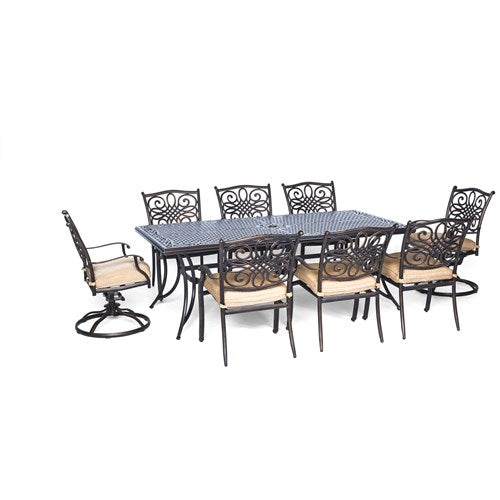 Hanover - Traditions 9pc: 6 Dining Chairs, 2 Swivel Rockers, 42x84" Cast Table - Tan/Cast-United Backyard