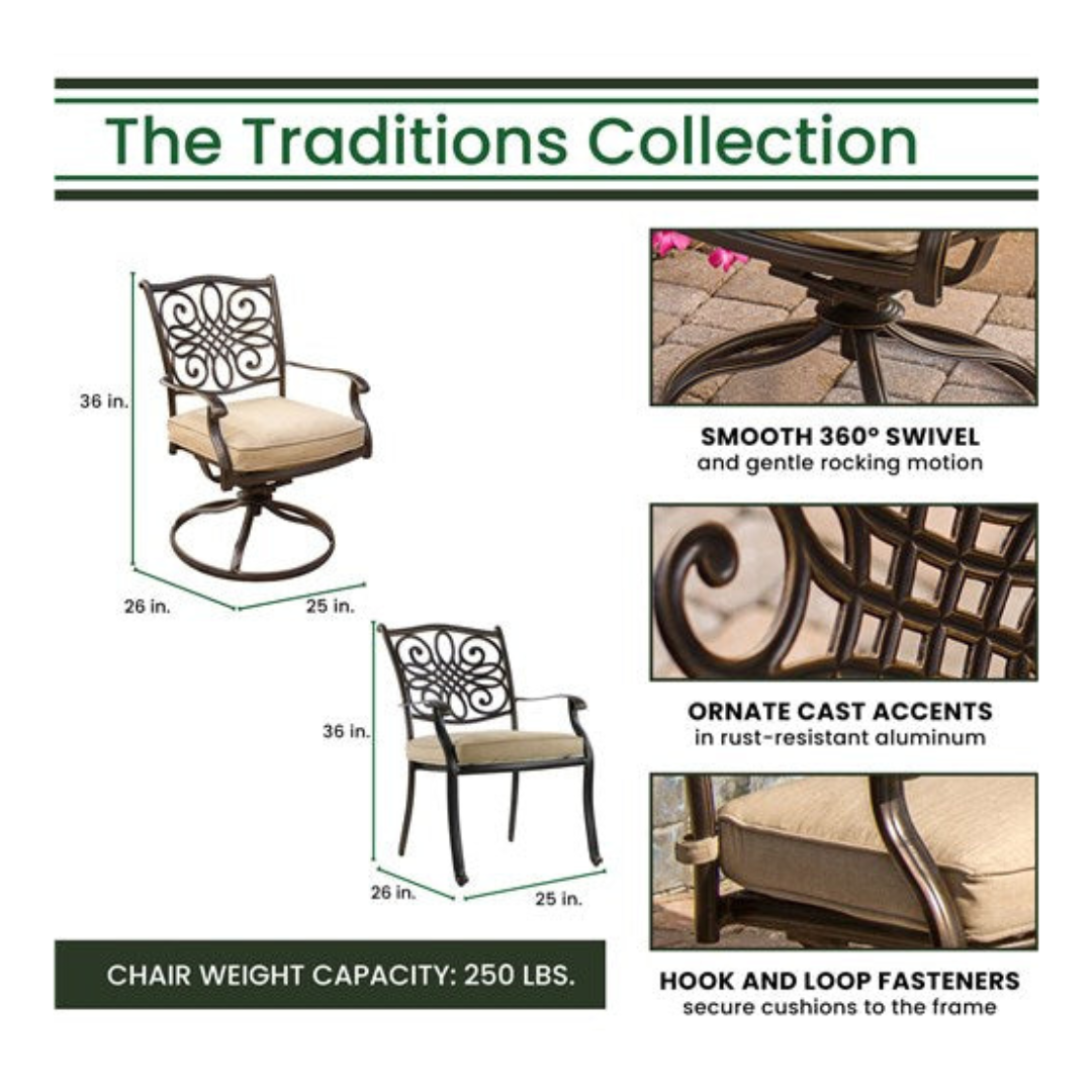 Hanover - Traditions 9pc: 6 Dining Chairs, 2 Swivel Rockers, 42x84" Cast Table, Umbrella, Base - Tan/Cast-United Backyard