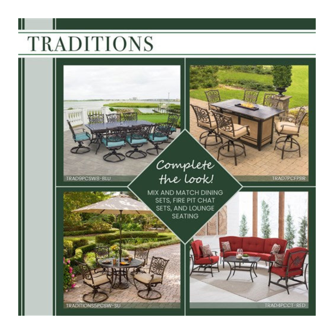 Hanover - Traditions 9pc: 6 Dining Chairs, 2 Swivel Rockers, 42x84" Cast Table, Umbrella, Base - Tan/Cast-United Backyard