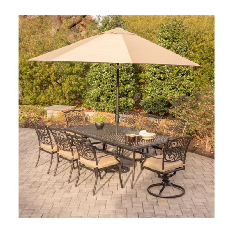 Hanover - Traditions 9pc: 6 Dining Chairs, 2 Swivel Rockers, 42x84" Cast Table, Umbrella, Base - Tan/Cast-United Backyard