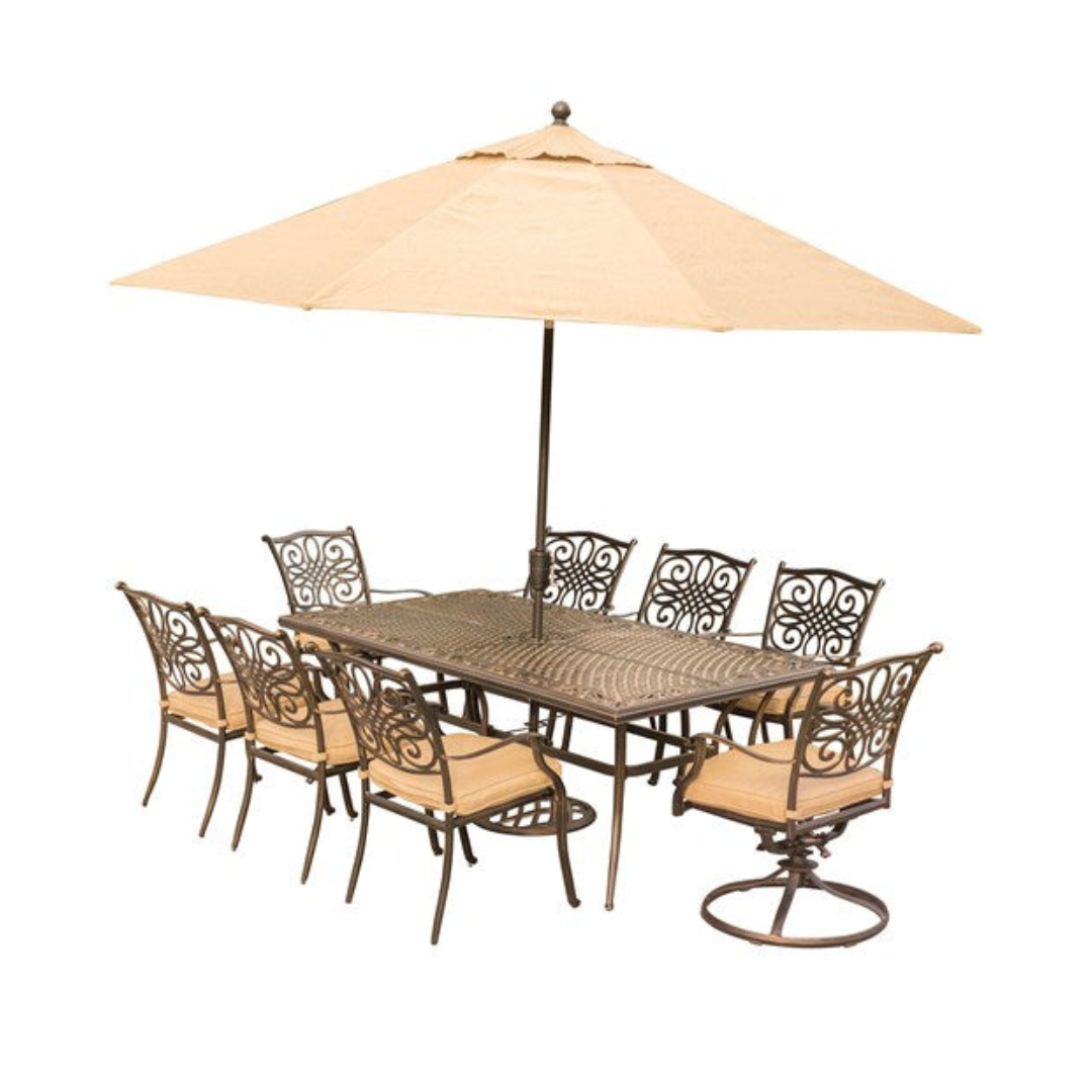 Hanover - Traditions 9pc: 6 Dining Chairs, 2 Swivel Rockers, 42x84" Cast Table, Umbrella, Base - Tan/Cast-United Backyard