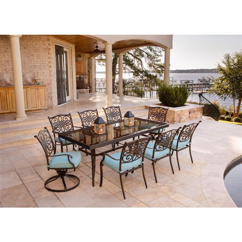 Hanover - Traditions 9pc: 6 Dining Chairs, 2 Swivel Rockers, 42x84" Glass Top Table - Blue/Glass-United Backyard