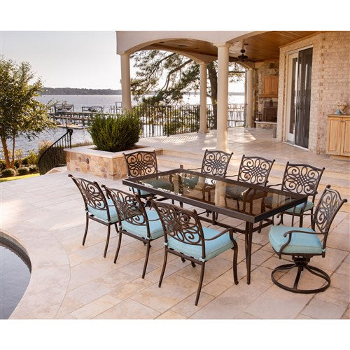 Hanover - Traditions 9pc: 6 Dining Chairs, 2 Swivel Rockers, 42x84" Glass Top Table - Blue/Glass-United Backyard