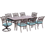 Hanover - Traditions 9pc: 6 Dining Chairs, 2 Swivel Rockers, 42x84" Glass Top Table - Blue/Glass-United Backyard