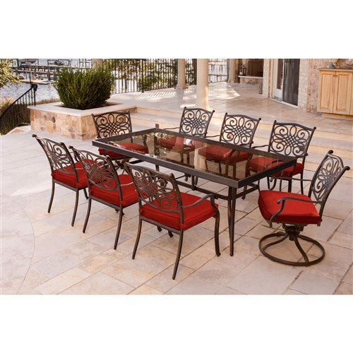 Hanover - Traditions 9pc: 6 Dining Chairs, 2 Swivel Rockers, 42x84" Glass Top Table - Red/Glass-United Backyard