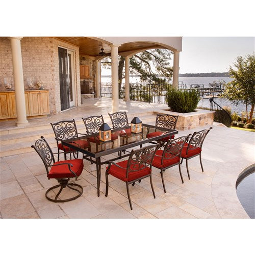 Hanover - Traditions 9pc: 6 Dining Chairs, 2 Swivel Rockers, 42x84" Glass Top Table - Red/Glass-United Backyard