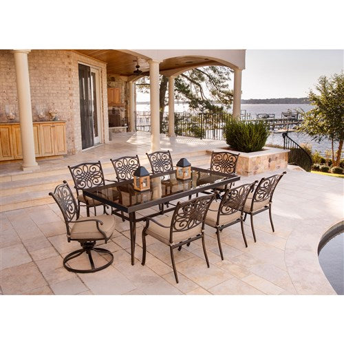 Hanover - Traditions 9pc: 6 Dining Chairs, 2 Swivel Rockers, 42x84" Glass Top Table - Tan/Glass-United Backyard