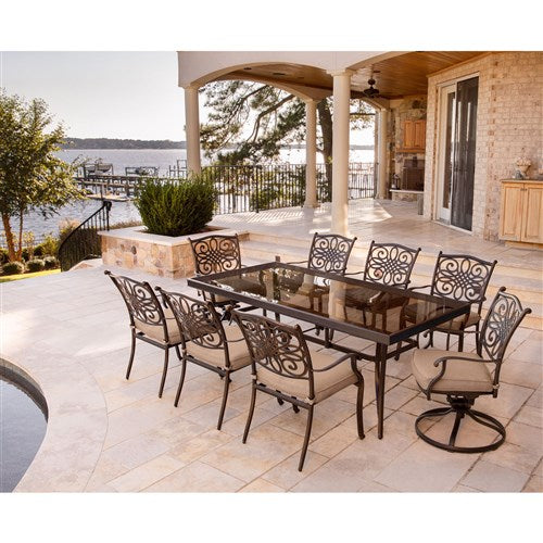 Hanover - Traditions 9pc: 6 Dining Chairs, 2 Swivel Rockers, 42x84" Glass Top Table - Tan/Glass-United Backyard