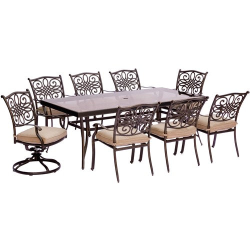 Hanover - Traditions 9pc: 6 Dining Chairs, 2 Swivel Rockers, 42x84" Glass Top Table - Tan/Glass-United Backyard