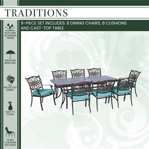 Hanover - Traditions 9pc: 8 Dining Chairs, 42x84" Cast Table - Blue/Cast-United Backyard