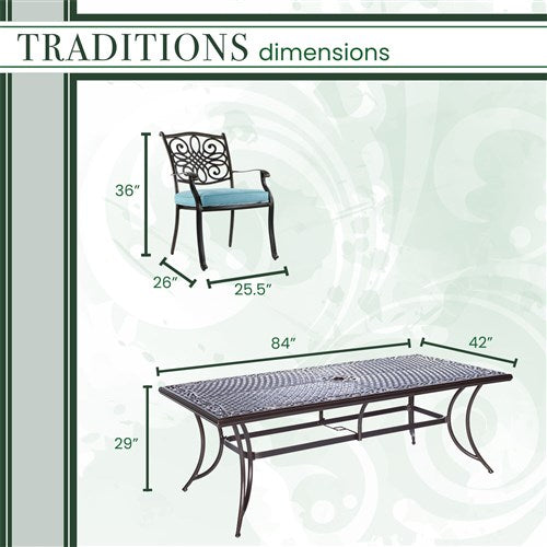 Hanover - Traditions 9pc: 8 Dining Chairs, 42x84" Cast Table - Blue/Cast-United Backyard