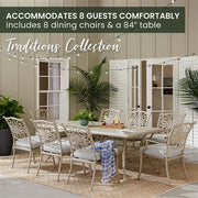 Hanover - Traditions 9pc: 8 Dining Chairs, 42"x84" Cast Table - Sand/Beige-United Backyard