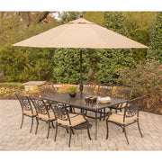 Hanover - Traditions 9pc: 8 Dining Chairs, 42x84" Cast Table, Umbrella, Base - Tan/Cast-United Backyard