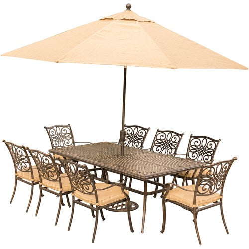 Hanover - Traditions 9pc: 8 Dining Chairs, 42x84" Cast Table, Umbrella, Base - Tan/Cast-United Backyard