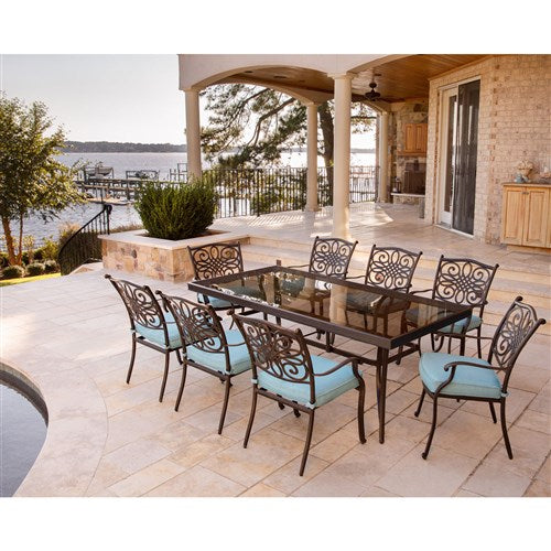 Hanover - Traditions 9pc: 8 Dining Chairs, 42x84" Glass Top Table - Blue/Glass-United Backyard