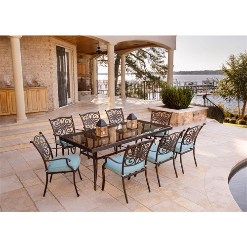 Hanover - Traditions 9pc: 8 Dining Chairs, 42x84" Glass Top Table - Blue/Glass-United Backyard