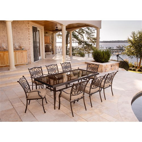 Hanover - Traditions 9pc: 8 Dining Chairs, 42x84" Glass Top Table - Tan/Glass-United Backyard