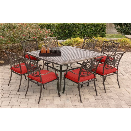 Hanover - Traditions 9pc: 8 Dining Chairs, 60" Square Cast Table - Red/Cast-United Backyard