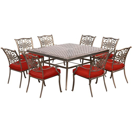 Hanover - Traditions 9pc: 8 Dining Chairs, 60" Square Cast Table - Red/Cast-United Backyard