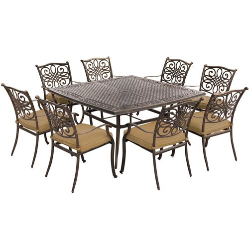 Hanover - Traditions 9pc: 8 Dining Chairs, 60" Square Cast Table - Tan/Cast-United Backyard