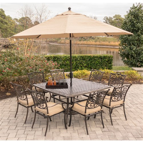 Hanover - Traditions 9pc: 8 Dining Chairs, 60" Square Cast Table, Umbrella, Base - Tan/Cast-United Backyard