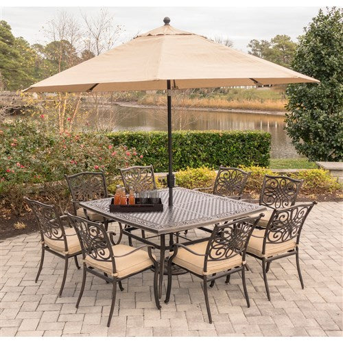 Hanover - Traditions 9pc: 8 Dining Chairs, 60" Square Cast Table, Umbrella, Base - Tan/Cast-United Backyard