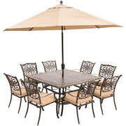 Hanover - Traditions 9pc: 8 Dining Chairs, 60" Square Cast Table, Umbrella, Base - Tan/Cast-United Backyard