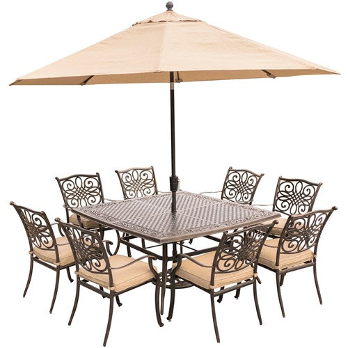 Hanover - Traditions 9pc: 8 Dining Chairs, 60" Square Cast Table, Umbrella, Base - Tan/Cast-United Backyard