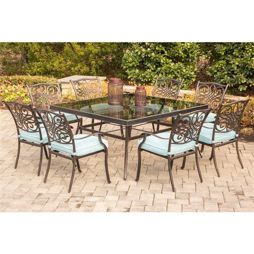 Hanover - Traditions 9pc: 8 Dining Chairs, 60" Square Glass Top Table - Blue/Glass-United Backyard