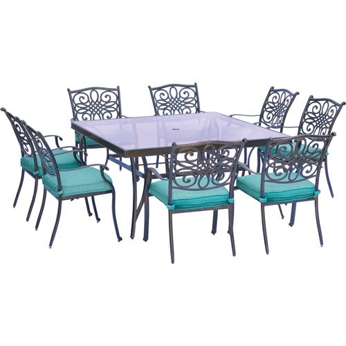 Hanover - Traditions 9pc: 8 Dining Chairs, 60" Square Glass Top Table - Blue/Glass-United Backyard