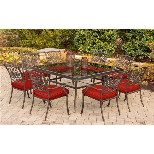 Hanover - Traditions 9pc: 8 Dining Chairs, 60" Square Glass Top Table - Red/Glass-United Backyard