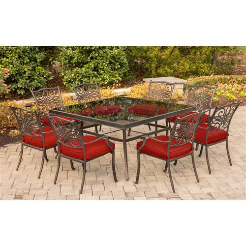 Hanover - Traditions 9pc: 8 Dining Chairs, 60" Square Glass Top Table - Red/Glass-United Backyard
