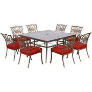 Hanover - Traditions 9pc: 8 Dining Chairs, 60" Square Glass Top Table - Red/Glass-United Backyard