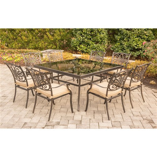 Hanover - Traditions 9pc: 8 Dining Chairs, 60" Square Glass Top Table - Tan/Glass-United Backyard